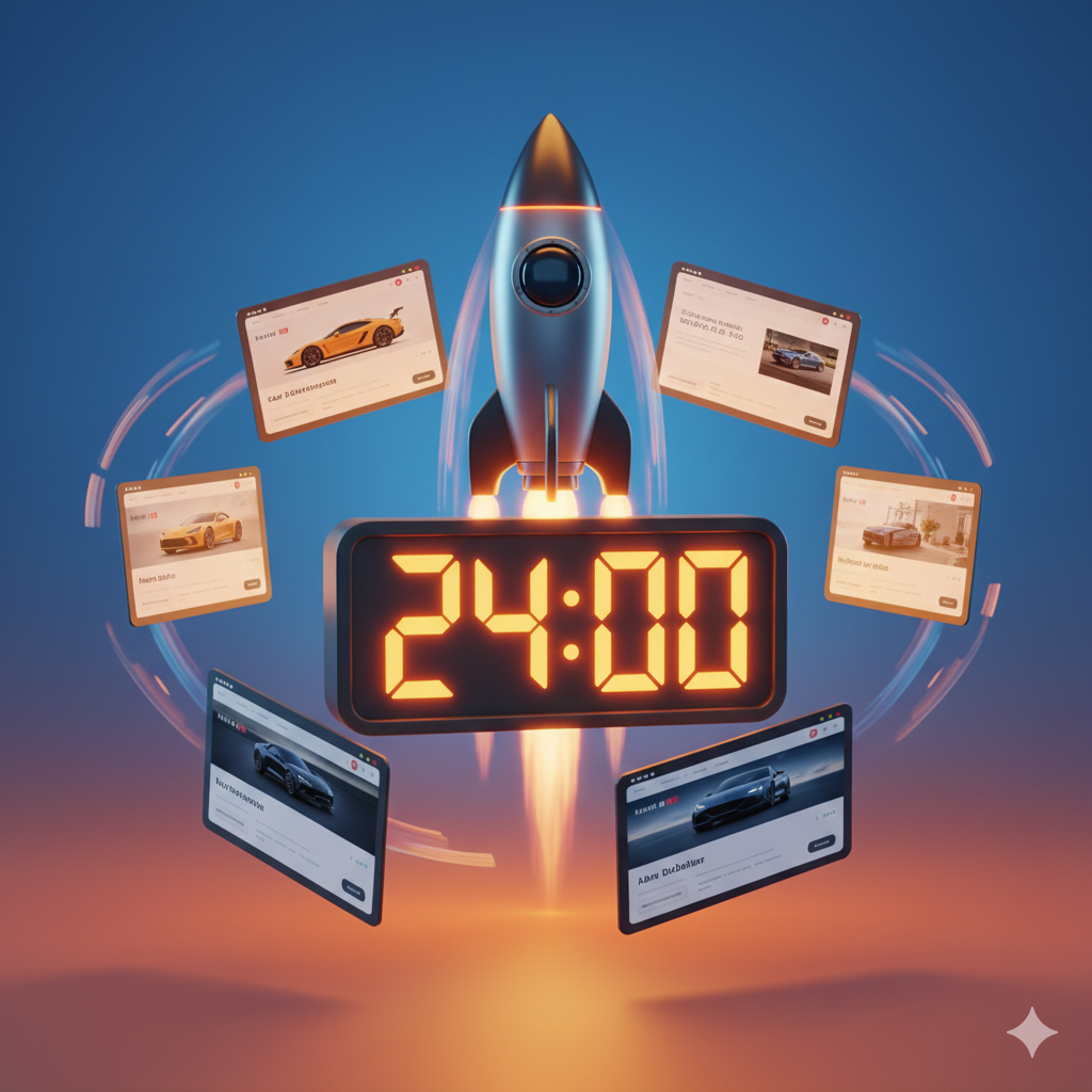 Rakete und Uhr zeigen 24 Stunden